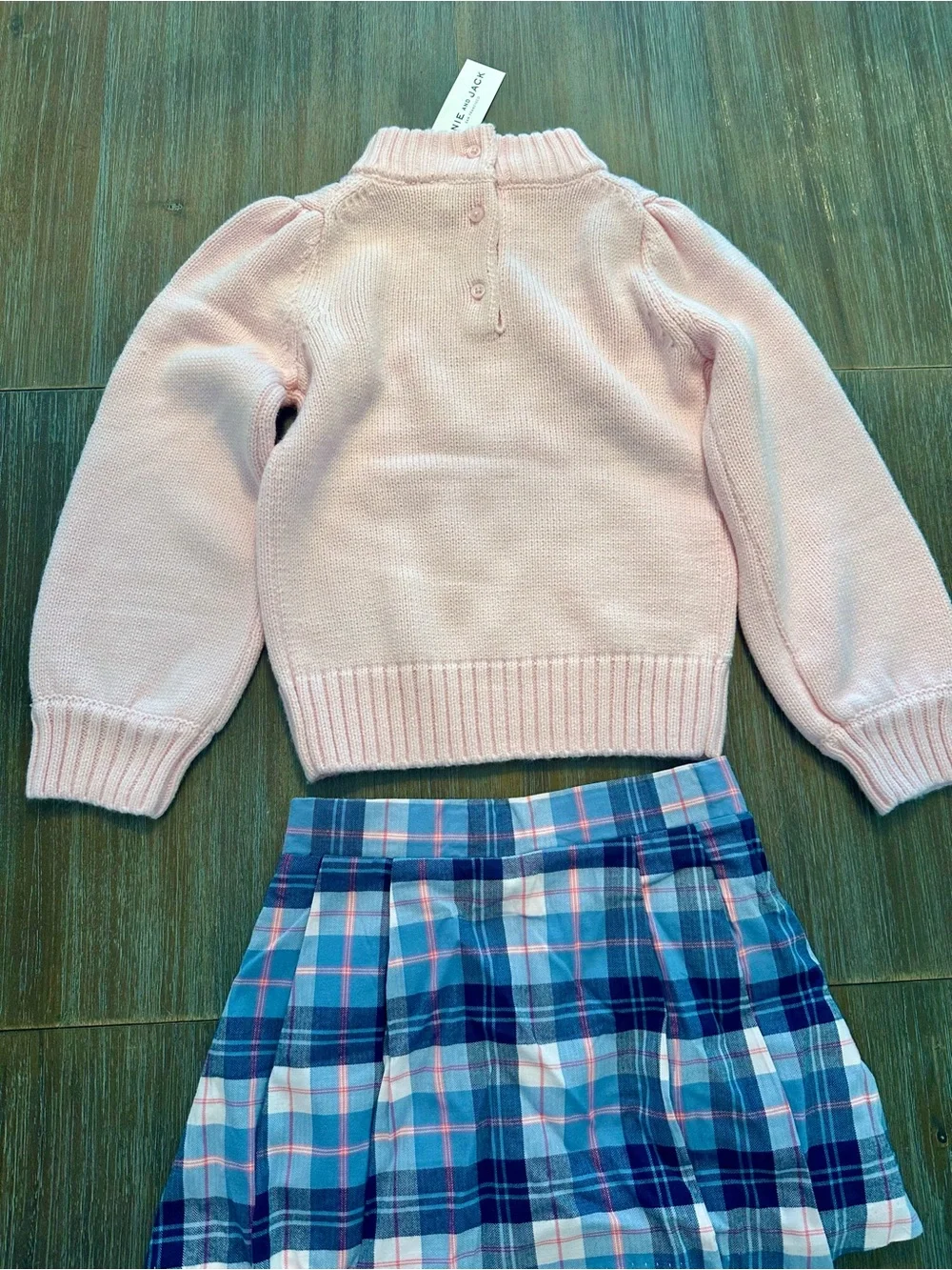 Janie and Jack Pink Cable-Knit Sweater with Blue Plaid Skirt Set